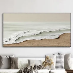 Hand-painted Minimalist Ocean Painting on Canvas 3D Textured Wall Art Earth Tone Seawaves Wall Art Living Room Painting Fashion Room Decor No Frame