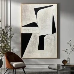 Handpainted White Black Textured Painting Oversized handmade Abstract Geometric painting Wall Art Large Minimalist Black White Painting for Living Room Wall Decor Abstract Art