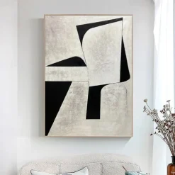 Handpainted White Black Textured Painting Oversized handmade Abstract Geometric painting Wall Art Large Minimalist Black White Painting for Living Room Wall Decor Abstract Art