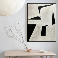 Handpainted White Black Textured Painting Oversized handmade Abstract Geometric painting Wall Art Large Minimalist Black White Painting for Living Room Wall Decor Abstract Art