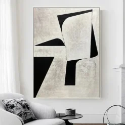 Handpainted White Black Textured Painting Oversized handmade Abstract Geometric painting Wall Art Large Minimalist Black White Painting for Living Room Wall Decor Abstract Art