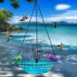 Hanging Bird Bath with Solar Fountain Pump Bird Bath for Outside Solar Bird Bath Multi-Functional Basin Hummingbird Feeder for Bird for Backyard, Patio Garden Yard Decoration
