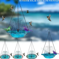 Hanging Bird Bath with Solar Fountain Pump Bird Bath for Outside Solar Bird Bath Multi-Functional Basin Hummingbird Feeder for Bird for Backyard, Patio Garden Yard Decoration