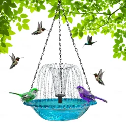 Hanging Bird Bath with Solar Fountain Pump Bird Bath for Outside Solar Bird Bath Multi-Functional Basin Hummingbird Feeder for Bird for Backyard, Patio Garden Yard Decoration