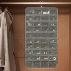 Hanging Jewelry Organizer Bag with 80 Pockets - Double-Sided Rotating Hook for Necklaces, Earrings, Dust-Proof Wall-Mounted Display Pouch for Accessories