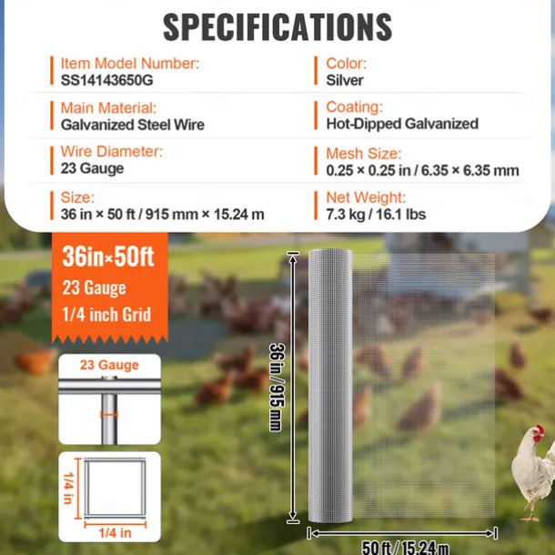 Hardware Cloth, Hot Dipped Galvanized Wire Mesh Roll, Chicken Wire Fencing, Wire Mesh for Rabbit Cages, Garden, Small Rodents