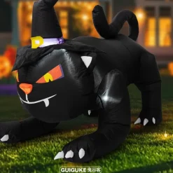 Haunted Hill Farm 6-ft. Wide Black Cat Blow Up with Lights, Outdoor Halloween Inflatable Decoration for Lawn and Yard, Giant Spooky Holiday Decor