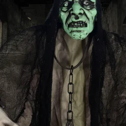 Haunted House Ghost Decoration, Glowing Eyes, Green Head, Gray Clothes - Halloween Party Prop