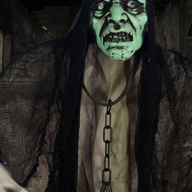 Haunted House Ghost Decoration, Glowing Eyes, Green Head, Gray Clothes - Halloween Party Prop