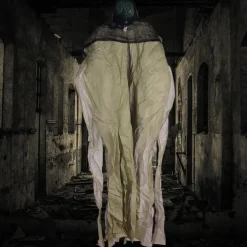 Haunted House Ghost Decoration, Glowing Eyes, Green Head, Gray Clothes - Halloween Party Prop