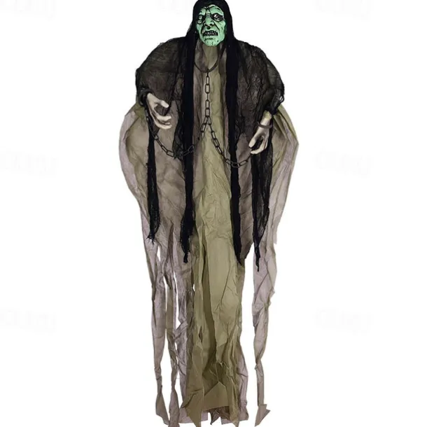 Haunted House Ghost Decoration, Glowing Eyes, Green Head, Gray Clothes - Halloween Party Prop