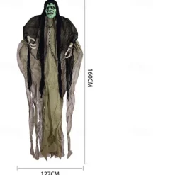 Haunted House Ghost Decoration, Glowing Eyes, Green Head, Gray Clothes - Halloween Party Prop