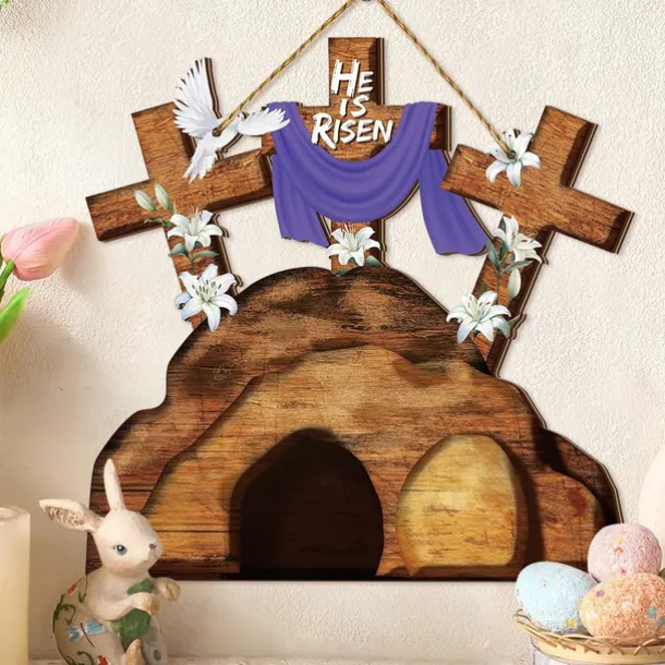 He is Risen Door Sign Hanging Wall Ornament Welcome Art Carving Easter Decoration Wooden Jesus Hanger for Party Window Home