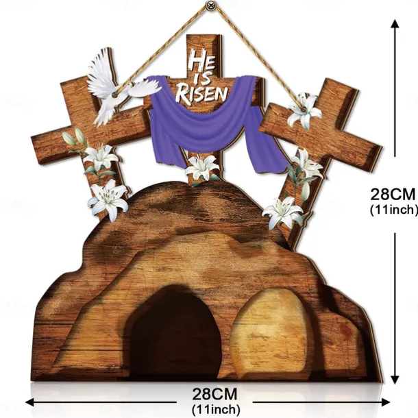 He is Risen Door Sign Hanging Wall Ornament Welcome Art Carving Easter Decoration Wooden Jesus Hanger for Party Window Home