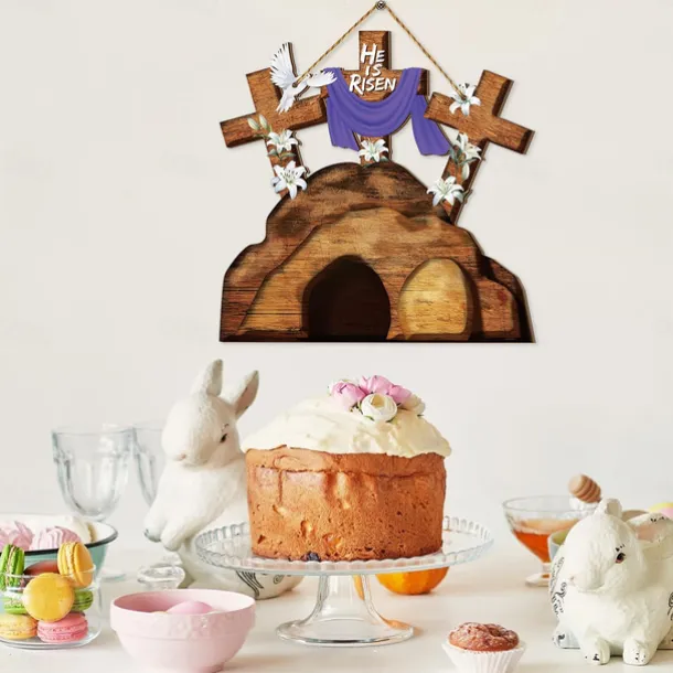 He is Risen Door Sign Hanging Wall Ornament Welcome Art Carving Easter Decoration Wooden Jesus Hanger for Party Window Home