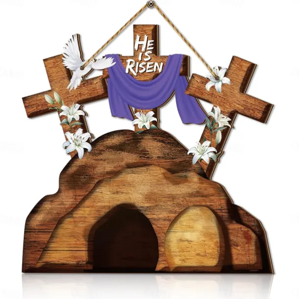 He is Risen Door Sign Hanging Wall Ornament Welcome Art Carving Easter Decoration Wooden Jesus Hanger for Party Window Home