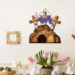 He is Risen Door Sign Hanging Wall Ornament Welcome Art Carving Easter Decoration Wooden Jesus Hanger for Party Window Home