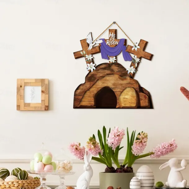 He is Risen Door Sign Hanging Wall Ornament Welcome Art Carving Easter Decoration Wooden Jesus Hanger for Party Window Home