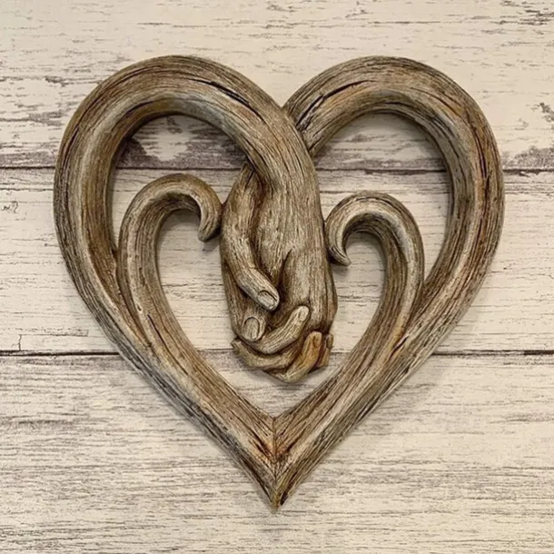 Heart Holding Hands Wall Decor Wooden Sculpture Wall Art Handshake Craft Statue for Home Office Garden Decoration- Forever Love