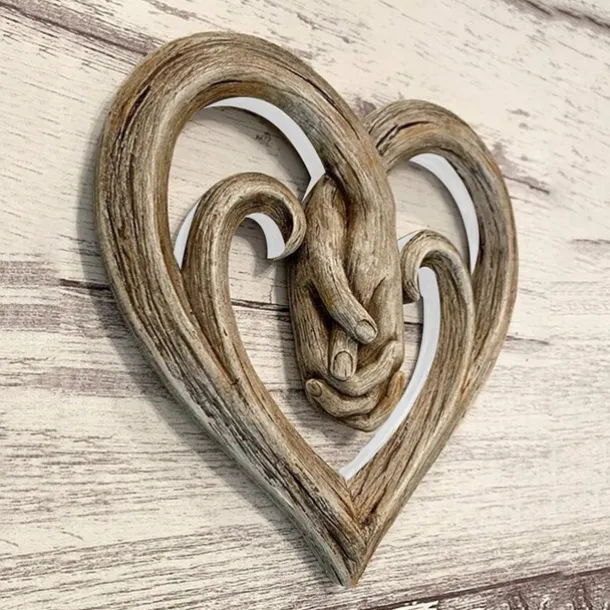Heart Holding Hands Wall Decor Wooden Sculpture Wall Art Handshake Craft Statue for Home Office Garden Decoration- Forever Love