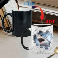 Heat Changing Mug, Shark Heat Changing 3D Illusion Ceramic Gift Coffee Mug, 11 oz Heat Sensitive Color Changing Coffee Mug Cup, Cute Xmas Gift Mug for Shark Lover