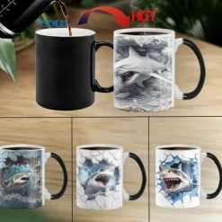 Heat Changing Mug, Shark Heat Changing 3D Illusion Ceramic Gift Coffee Mug, 11 oz Heat Sensitive Color Changing Coffee Mug Cup, Cute Xmas Gift Mug for Shark Lover