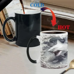 Heat Changing Mug, Shark Heat Changing 3D Illusion Ceramic Gift Coffee Mug, 11 oz Heat Sensitive Color Changing Coffee Mug Cup, Cute Xmas Gift Mug for Shark Lover