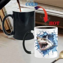 Heat Changing Mug, Shark Heat Changing 3D Illusion Ceramic Gift Coffee Mug, 11 oz Heat Sensitive Color Changing Coffee Mug Cup, Cute Xmas Gift Mug for Shark Lover