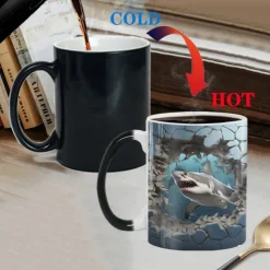 Heat Changing Mug, Shark Heat Changing 3D Illusion Ceramic Gift Coffee Mug, 11 oz Heat Sensitive Color Changing Coffee Mug Cup, Cute Xmas Gift Mug for Shark Lover
