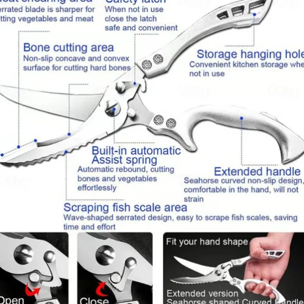 Heavy Duty Stainless Steel Bone-Cut Scissors, Kitchen Shears for Cutting Chicken, Poultry, Meat, Sharp Multipurpose Food Scissors for Home Cooking