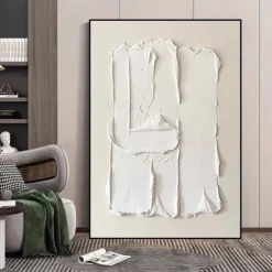 Heavy Textured Thick Acrylic 3D Abstract Beige White Oil Painting Canvas Picture Wall Art Hand Painted framed Artwork Stretched Frame Ready to Hang