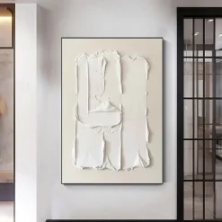 Heavy Textured Thick Acrylic 3D Abstract Beige White Oil Painting Canvas Picture Wall Art Hand Painted framed Artwork Stretched Frame Ready to Hang