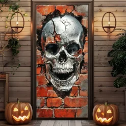 Helloween Door Covers Door Skeleton Pumpkin Tapestry Door Curtain Decoration Backdrop Door Banner for Front Door Farmhouse Holiday Party Indoor Outdoor Decor Supplies