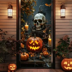 Helloween Door Covers Door Skeleton Pumpkin Tapestry Door Curtain Decoration Backdrop Door Banner for Front Door Farmhouse Holiday Party Indoor Outdoor Decor Supplies
