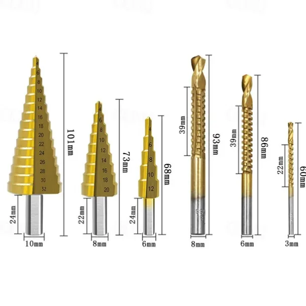 High-speed Reaming Pagoda Sawtooth Set 6Pcs Step Drill Bits Saw Drill Set HSS Titanium Milling Cutter for Woodworking Metal Core Hole Opener 4-12 4-20 4-32mm 3 6 8mm