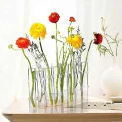 Hinged Flower Vase,Foldable Flower Vase Set, Foldable Flower Vase with Hinged Design, Shape Changeable DIY Crystal Glass Test Tube with 6/8 Test Tubes and S-Shaped Hooks