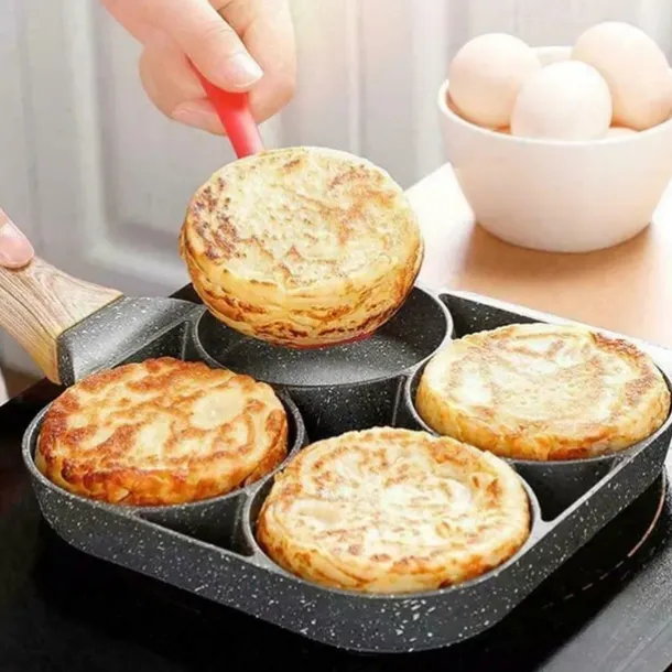 4-Hole Non-Stick Fry Pan with Wooden Handle - Perfect for Eggs, Pancakes, Burgers & More!