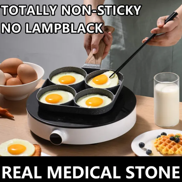 4-Hole Non-Stick Fry Pan with Wooden Handle - Perfect for Eggs, Pancakes, Burgers & More!