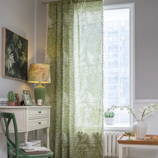 Home Boho Curtain for Bedroom, Printed Cotton Linen Rod Pocket Rustic Farmhouse Bohemian Tassels Window Treatment, 1 Panel, Green Tropical Leaves