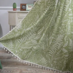 Home Boho Curtain for Bedroom, Printed Cotton Linen Rod Pocket Rustic Farmhouse Bohemian Tassels Window Treatment, 1 Panel, Green Tropical Leaves