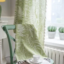 Home Boho Curtain for Bedroom, Printed Cotton Linen Rod Pocket Rustic Farmhouse Bohemian Tassels Window Treatment, 1 Panel, Green Tropical Leaves