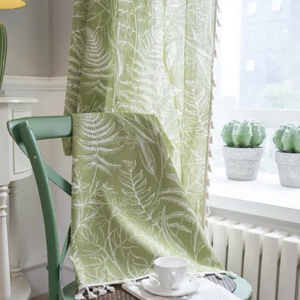 Home Boho Curtain for Bedroom, Printed Cotton Linen Rod Pocket Rustic Farmhouse Bohemian Tassels Window Treatment, 1 Panel, Green Tropical Leaves