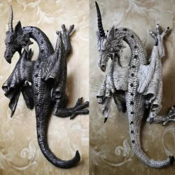 Horned Dragon Wall Sculpture, Polyresin, Grey Stone, Gothic & Medieval Decor, Desktop And Shelf Decorations, Decorative Office Gifts For Men