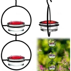 Hummble Slim Hummingbird Feeder Circular Hanging Hummingbird Feeder, Glass Bottle Humming Bird Feeder with Circular Metal Frame and Perch, Outdoor Hanging Humming Bird Feeder