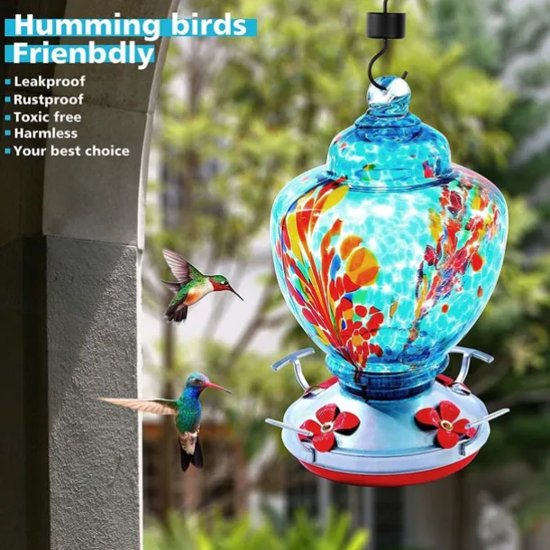 Hummingbird Feeder,Glass Bird Feeder with Color Hand Blown Glass,Leakproof Nectar Capacity Hummingbird Feeders, Garden Bird Feeders with Ant Moat Hook Easy to Clean & Filling