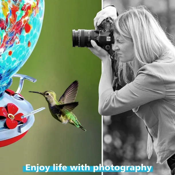 Hummingbird Feeder,Glass Bird Feeder with Color Hand Blown Glass,Leakproof Nectar Capacity Hummingbird Feeders, Garden Bird Feeders with Ant Moat Hook Easy to Clean & Filling