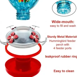 Hummingbird Feeder,Glass Bird Feeder with Color Hand Blown Glass,Leakproof Nectar Capacity Hummingbird Feeders, Garden Bird Feeders with Ant Moat Hook Easy to Clean & Filling