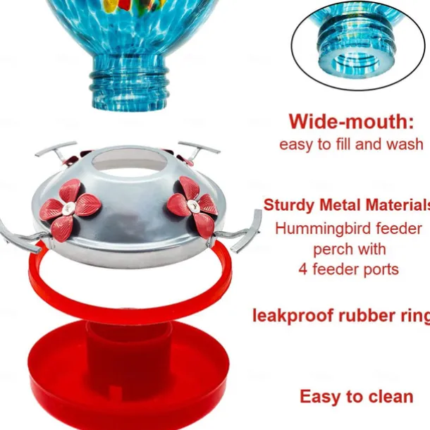 Hummingbird Feeder,Glass Bird Feeder with Color Hand Blown Glass,Leakproof Nectar Capacity Hummingbird Feeders, Garden Bird Feeders with Ant Moat Hook Easy to Clean & Filling