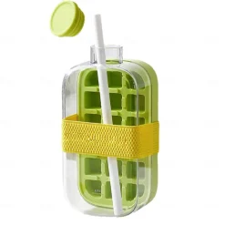 Ice Cube Bottle, 2 in 1 Touch-Free Ice Cube Tray Water Bottle with Lid and Bin, Ice Cube Making Bottle, Easy Press to Release Vertical Ice Cube Tray with straw tie