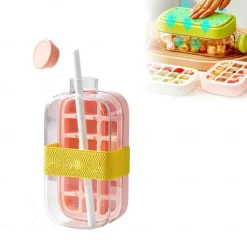 Ice Cube Bottle, 2 in 1 Touch-Free Ice Cube Tray Water Bottle with Lid and Bin, Ice Cube Making Bottle, Easy Press to Release Vertical Ice Cube Tray with straw tie